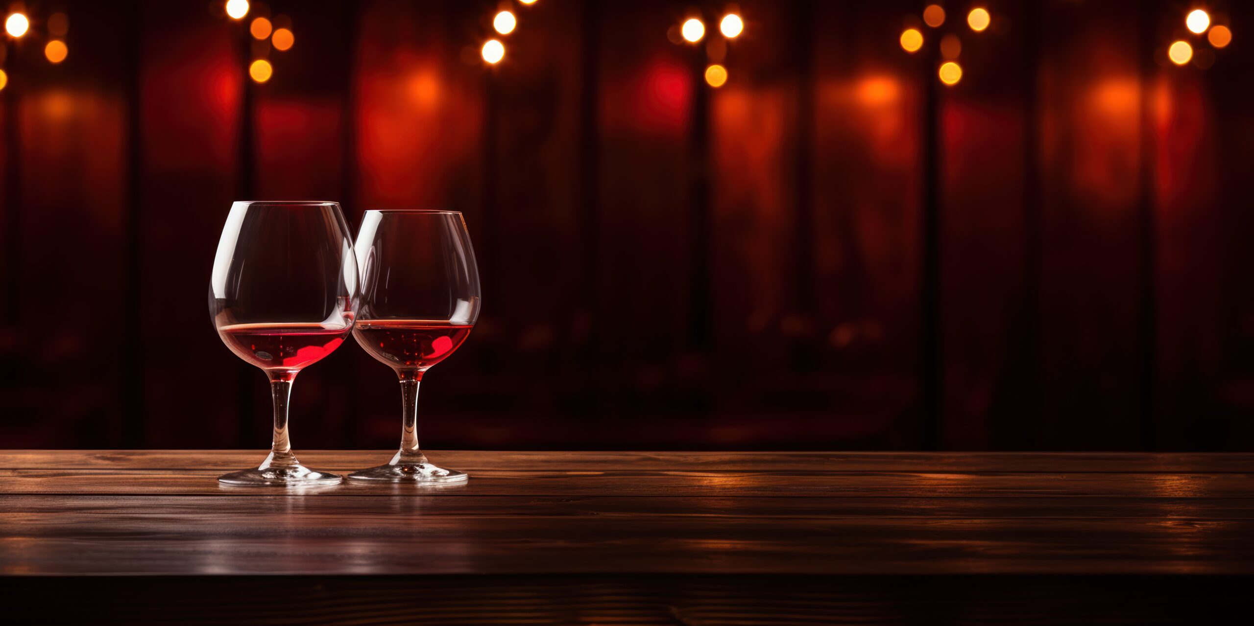 A glass of red wine stands out against a warmly lit wooden bar.